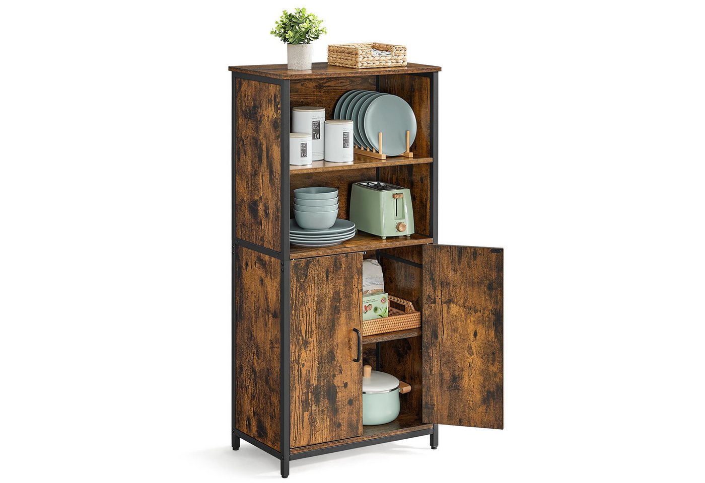 VASAGLE Highboard Küchenschrank, Bücherregal, für Wohnzimmer, Küche, Arbeitszimmer, Bücherschrank mit Türen, verstellbaren Ablagen, 2 offene Fächer – Bild 3 von 5