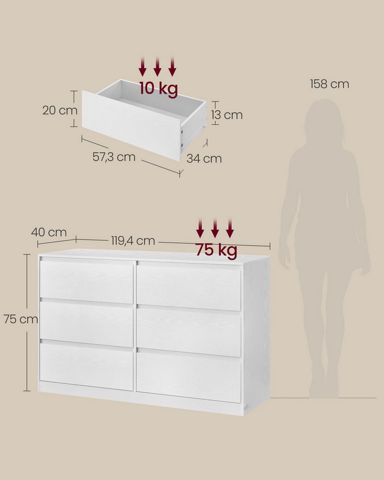 VASAGLE Kommode Kommodenschrank mit 6/8 Schubladen, 119,4 x 40 x 75 cm, für Schlafzimmer, Schubladenschrank, Wäschekommode – Bild 4 von 5