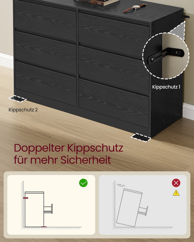 VASAGLE Kommode Kommodenschrank mit 6/8 Schubladen, 119,4 x 40 x 75 cm, für Schlafzimmer, Schubladenschrank, Wäschekommode – Bild 3 von 5