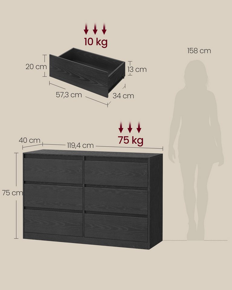 VASAGLE Kommode Kommodenschrank mit 6/8 Schubladen, 119,4 x 40 x 75 cm, für Schlafzimmer, Schubladenschrank, Wäschekommode – Bild 4 von 5