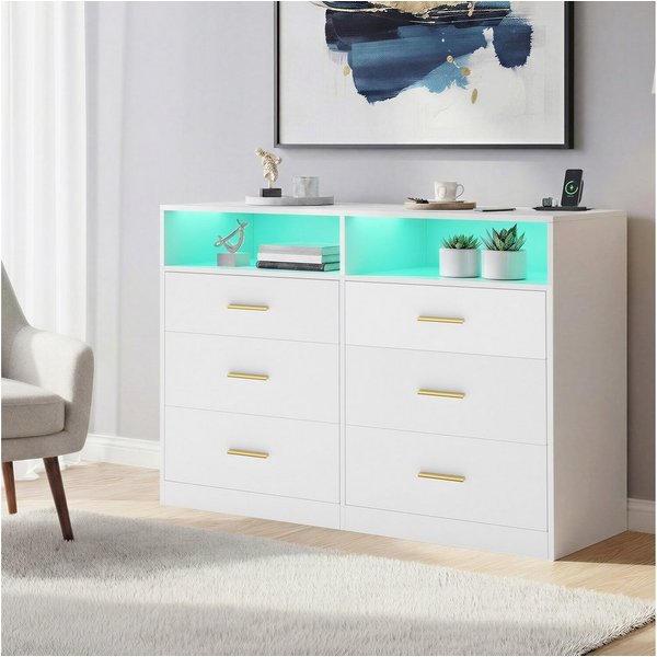 VASAGLE Kommode Kommodenschrank mit LED-Beleuchtung und Steckdosenleiste, 6 Schubladen, 40 x 119 x 81,2 cm, Wohnzimmer, Schlafzimmer, modern