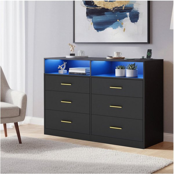 VASAGLE Kommode Kommodenschrank mit LED-Beleuchtung und Steckdosenleiste, 6 Schubladen, 40 x 119 x 81,2 cm, Wohnzimmer, Schlafzimmer, modern