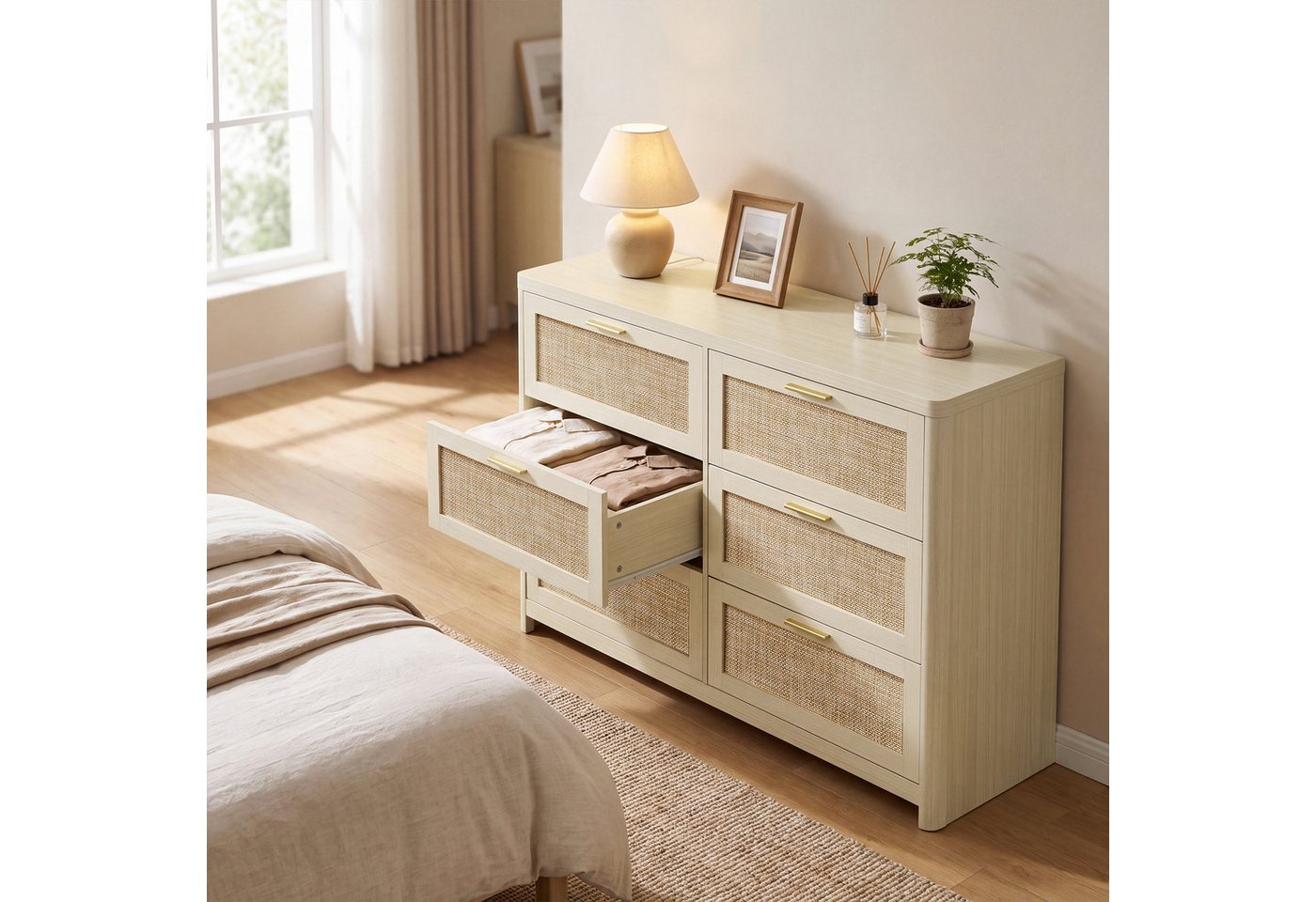 VASAGLE Kommode Sideboard für Schlafzimmer, mit 6 Schubladen Boho-Stil, 120 x 40 x 80 cm Naturfarben – Bild 2 von 5