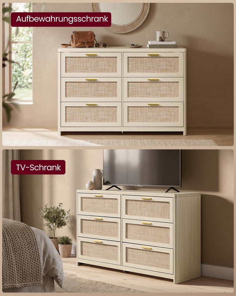 VASAGLE Kommode Sideboard für Schlafzimmer, mit 6 Schubladen Boho-Stil, 120 x 40 x 80 cm Naturfarben – Bild 3 von 5
