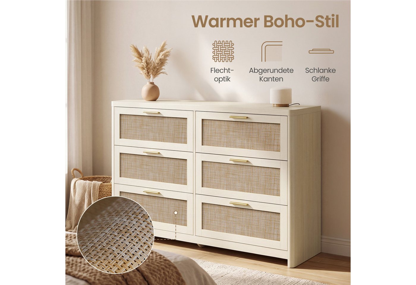 VASAGLE Kommode Sideboard für Schlafzimmer, mit 6 Schubladen Boho-Stil, 120 x 40 x 80 cm Naturfarben – Bild 4 von 5