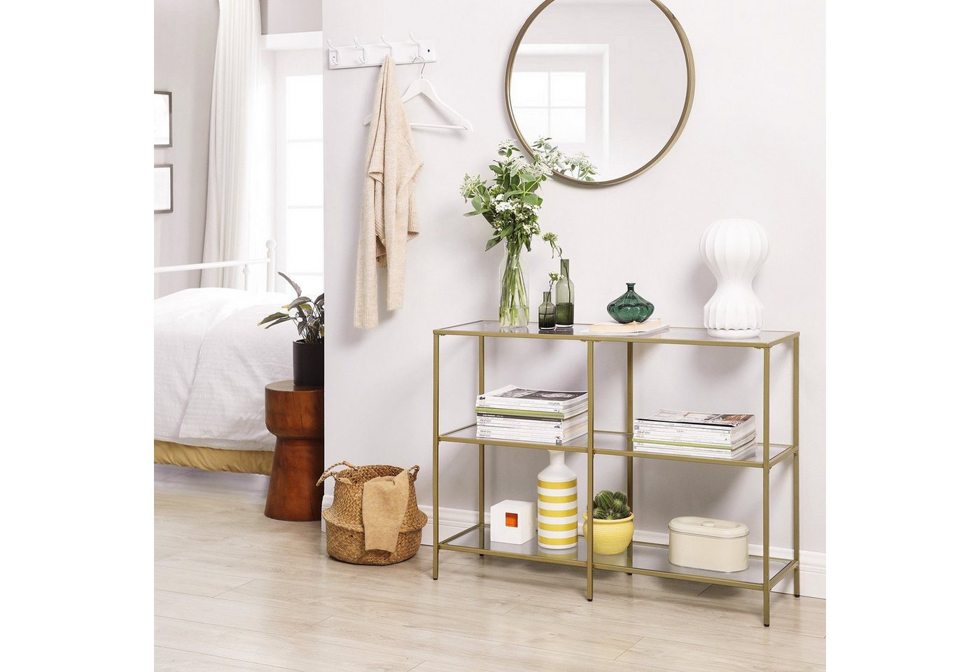 VASAGLE Konsolentisch Beistelltisch, Oberfläche aus Hartglas, Wohnzimmer, Flur, Beistelltisch, mit 2 Ablagen, Breite 100 cm, Hartglas – Bild 4 von 5