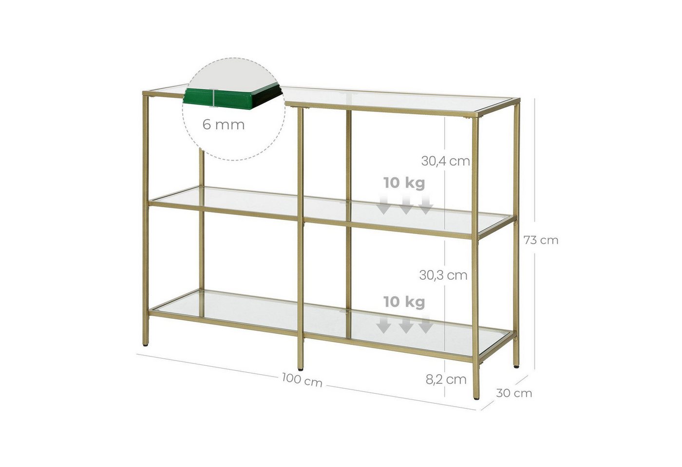VASAGLE Konsolentisch Beistelltisch, Oberfläche aus Hartglas, Wohnzimmer, Flur, Beistelltisch, mit 2 Ablagen, Breite 100 cm, Hartglas – Bild 5 von 5