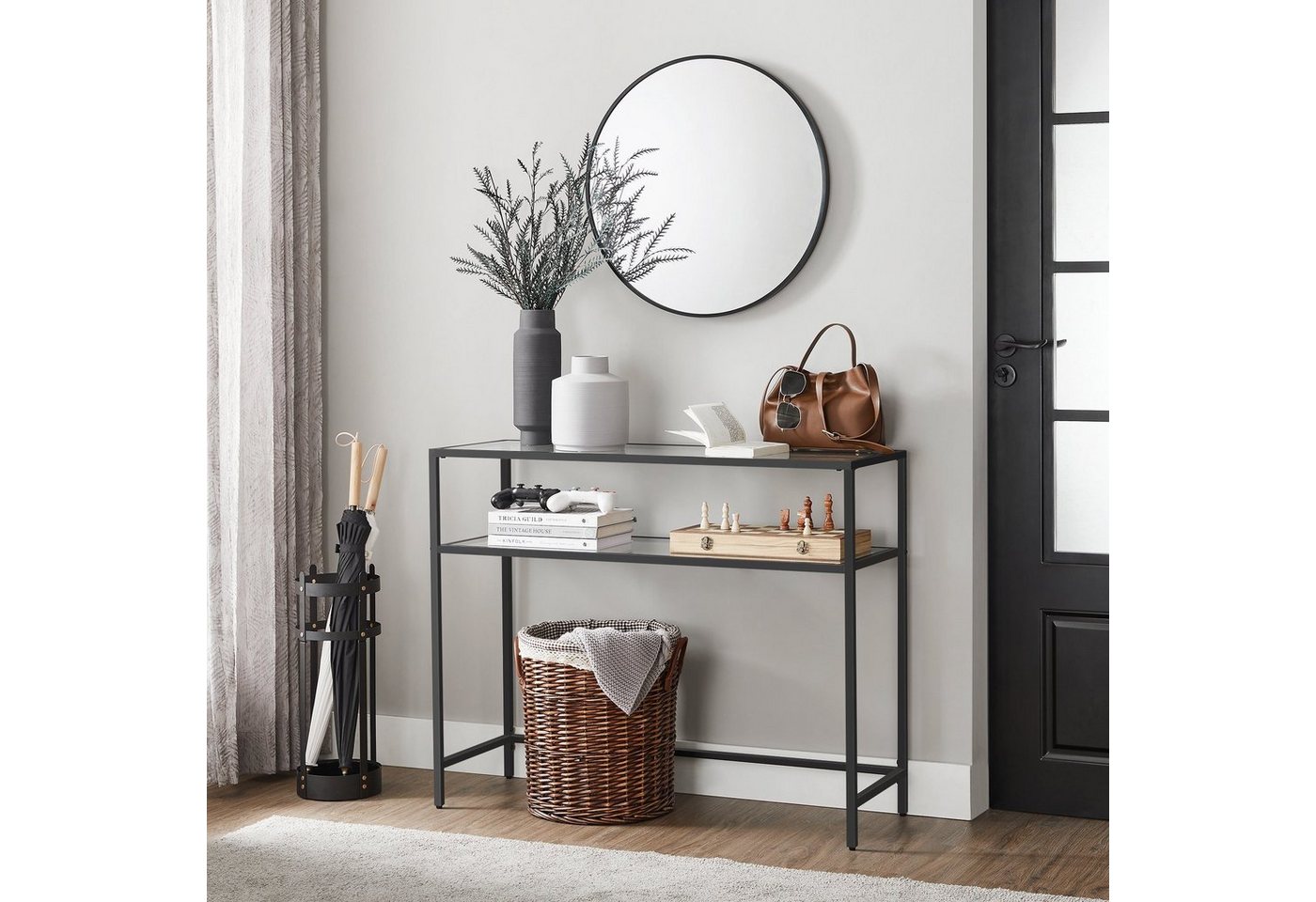 VASAGLE Konsolentisch Beistelltisch, Oberfläche aus Hartglas, Wohnzimmer, Flur, moderner Sofatisch, einfacher Aufbau, verstellbare Füße – Bild 4 von 5