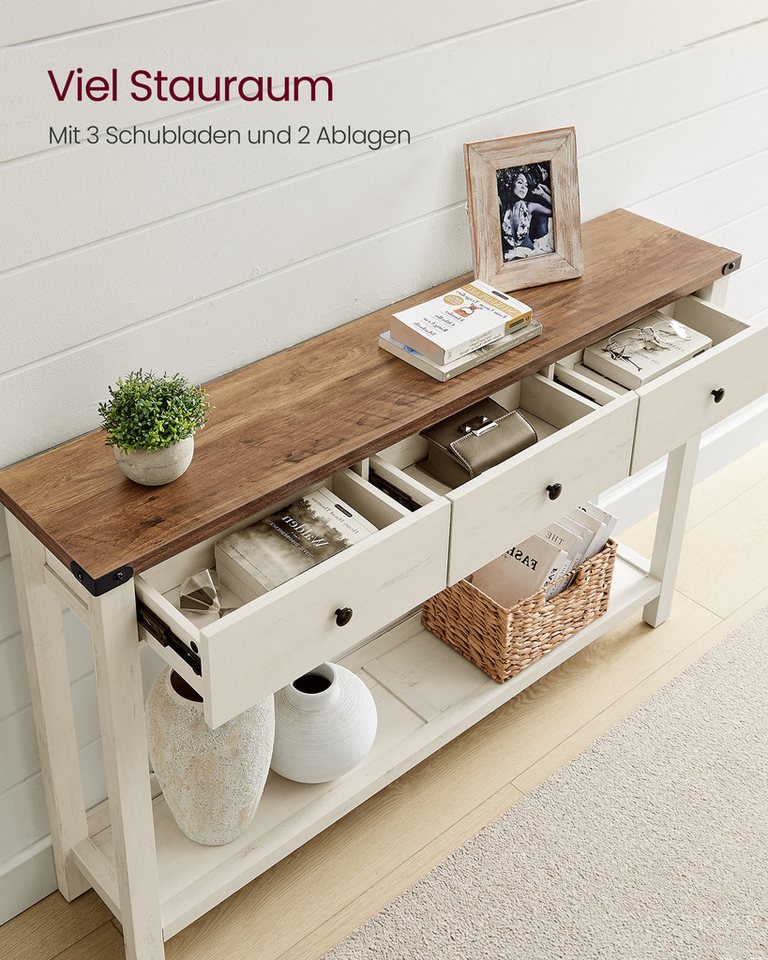 VASAGLE Konsolentisch Beistelltisch, schmaler Sofatisch, mit 3 Schubladen und einer Ablage, Landhausstil – Bild 3 von 5
