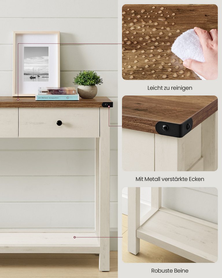 VASAGLE Konsolentisch Beistelltisch, schmaler Sofatisch, mit 3 Schubladen und einer Ablage, Landhausstil – Bild 4 von 5