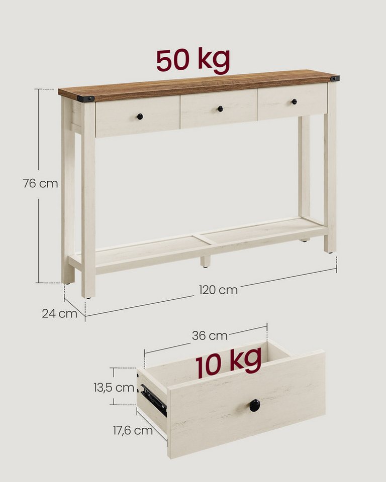 VASAGLE Konsolentisch Beistelltisch, schmaler Sofatisch, mit 3 Schubladen und einer Ablage, Landhausstil – Bild 5 von 5