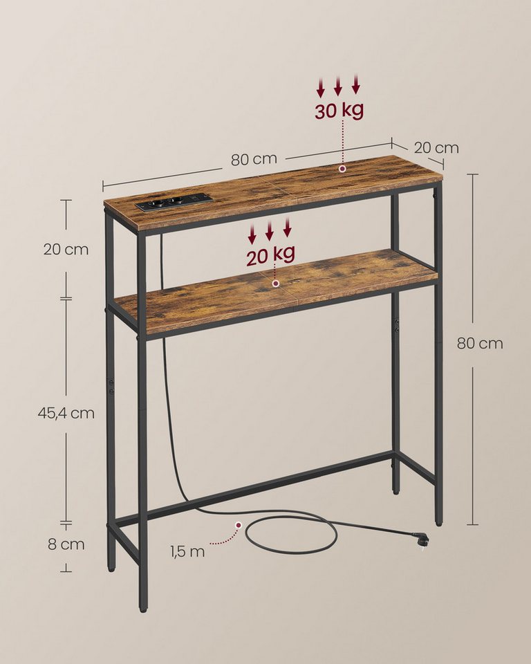 VASAGLE Konsolentisch schmaler Sofatisch mit 2 Ablagen, Flurtisch, 2 Ebenen, für Flur, Wohnzimmer, Schlafzimmer, 20 x 80 x 80 cm – Bild 5 von 5