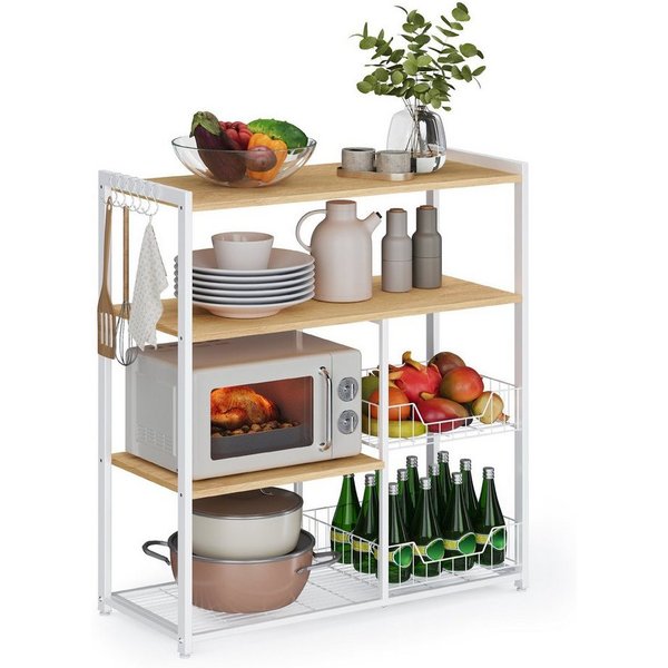 VASAGLE Küchenregal Standregal mit 2 Metallkörben, Bäckerregal mit Haken und Regalablagen, Mikrowellenregal, 35 x 80 x 95 cm