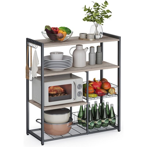 VASAGLE Küchenregal Standregal mit 2 Metallkörben, Bäckerregal mit Haken und Regalablagen, Mikrowellenregal, 35 x 80 x 95 cm