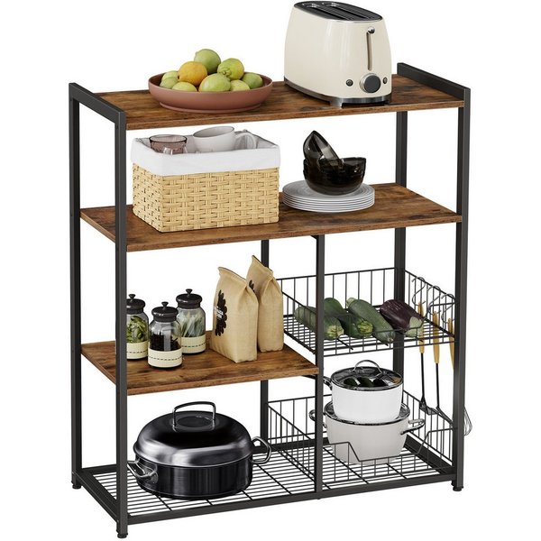 VASAGLE Küchenregal Standregal mit 2 Metallkörben, Bäckerregal mit Haken und Regalablagen, Mikrowellenregal, 35 x 80 x 95 cm