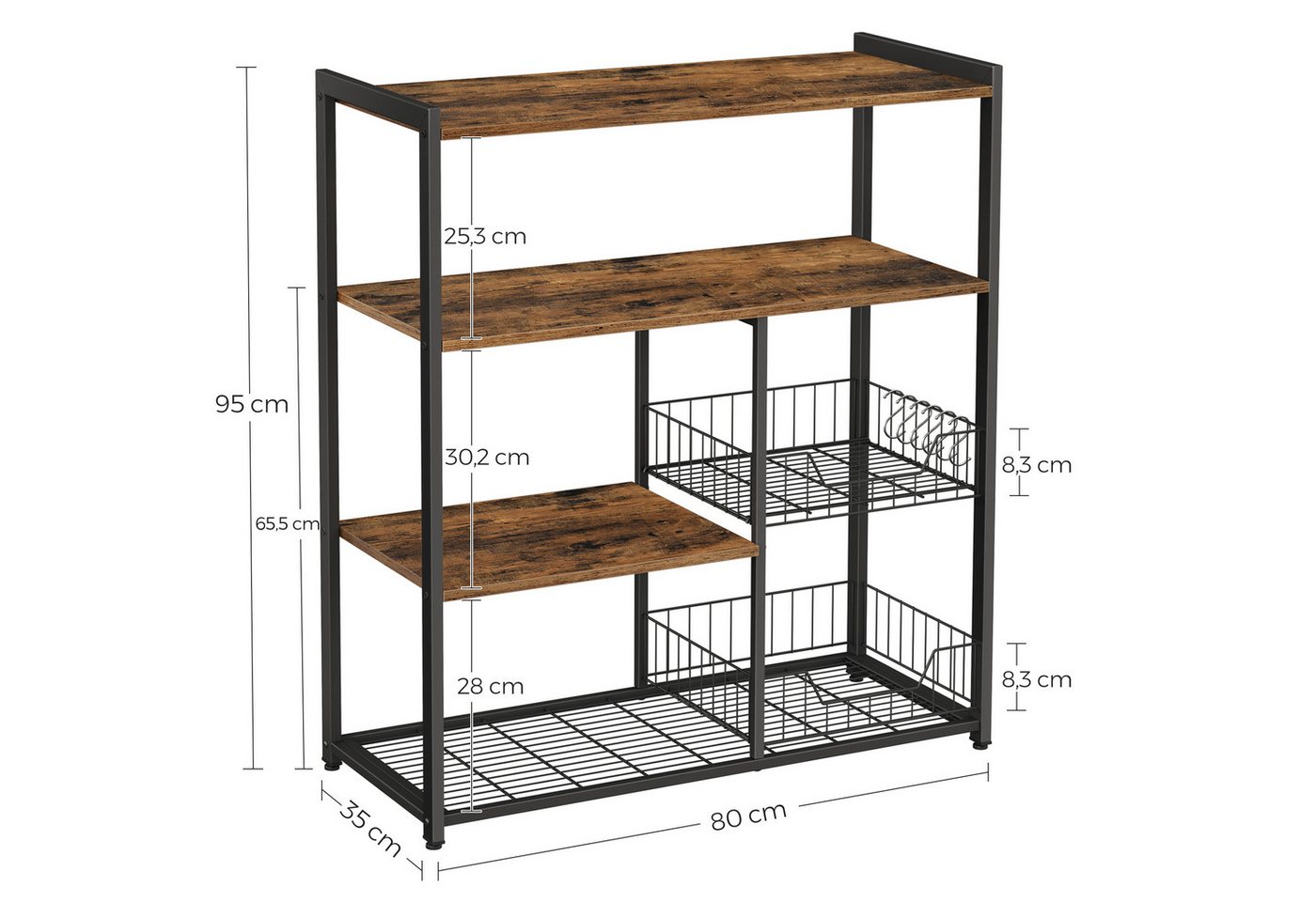 VASAGLE Küchenregal Standregal mit 2 Metallkörben, Bäckerregal mit Haken und Regalablagen, Mikrowellenregal, 35 x 80 x 95 cm – Bild 3 von 5