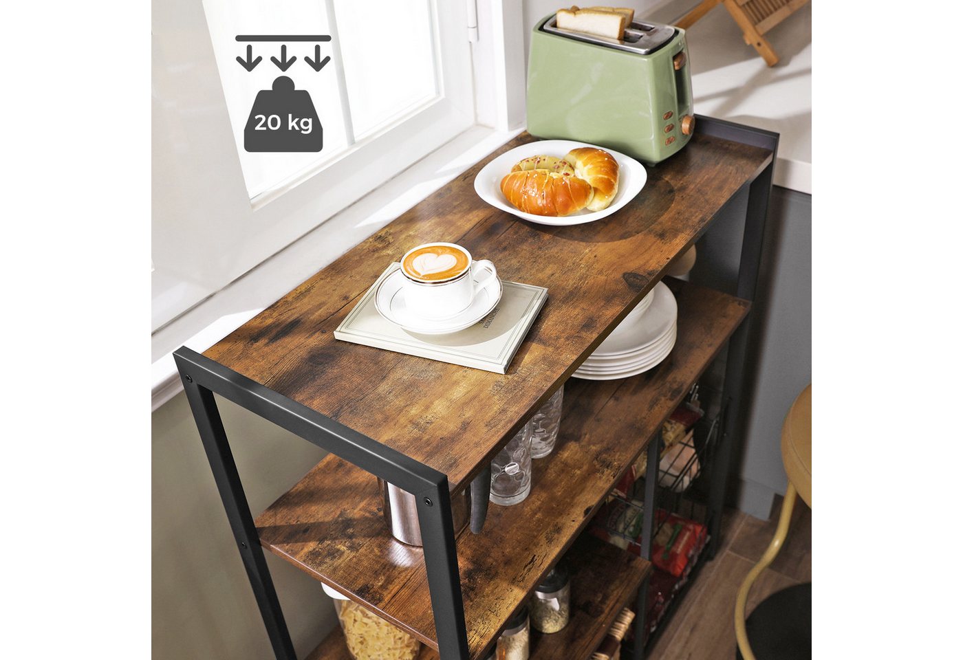 VASAGLE Küchenregal Standregal mit 2 Metallkörben, Bäckerregal mit Haken und Regalablagen, Mikrowellenregal, 35 x 80 x 95 cm – Bild 4 von 5