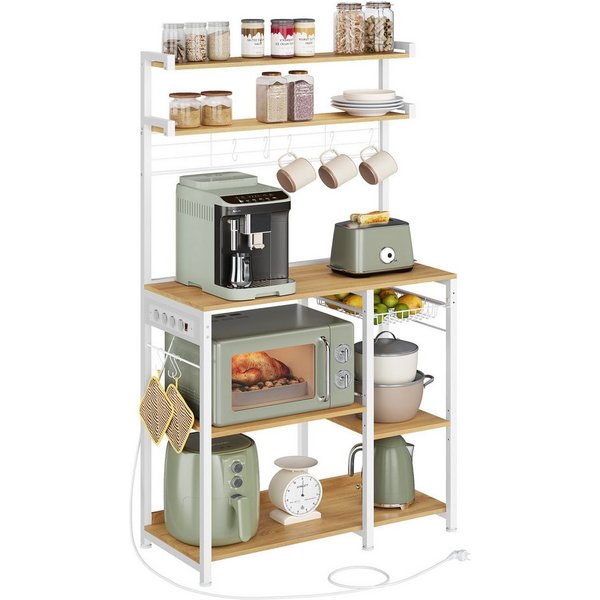VASAGLE Küchenregal Standregal mit Steckdosen, 8 S-Haken, 40 x 90 x 165,5 cm, Kaffeebar, mit Korb, Bäckerregal, Gewürzregal