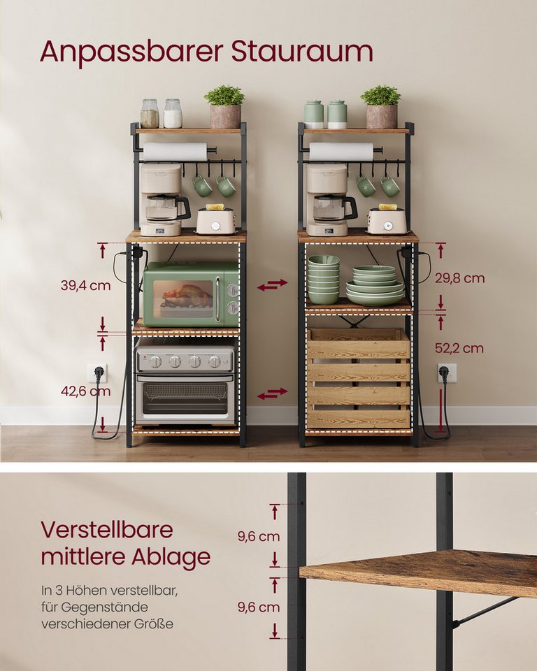 VASAGLE Küchenregal Standregal mit Steckdosen, 40 x 45 x 140 cm, verstellbare Ablage, Mikrowellen-Regal – Bild 4 von 5
