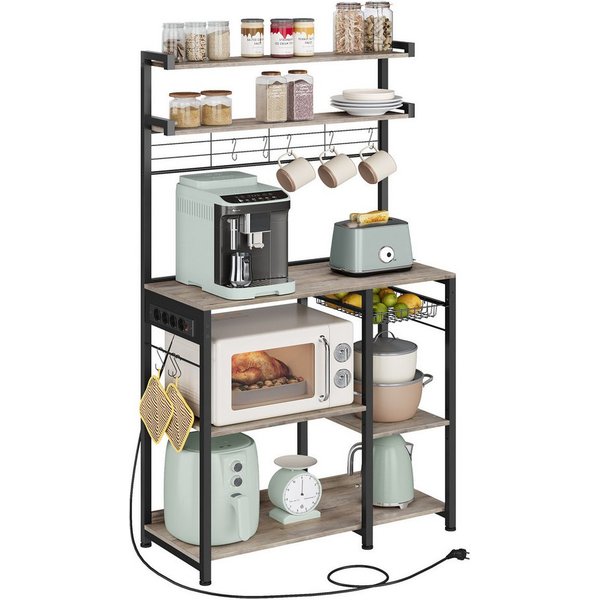 VASAGLE Küchenregal Standregal mit Steckdosen, 8 S-Haken, 40 x 90 x 165,5 cm, Kaffeebar, mit Korb, Bäckerregal, Gewürzregal