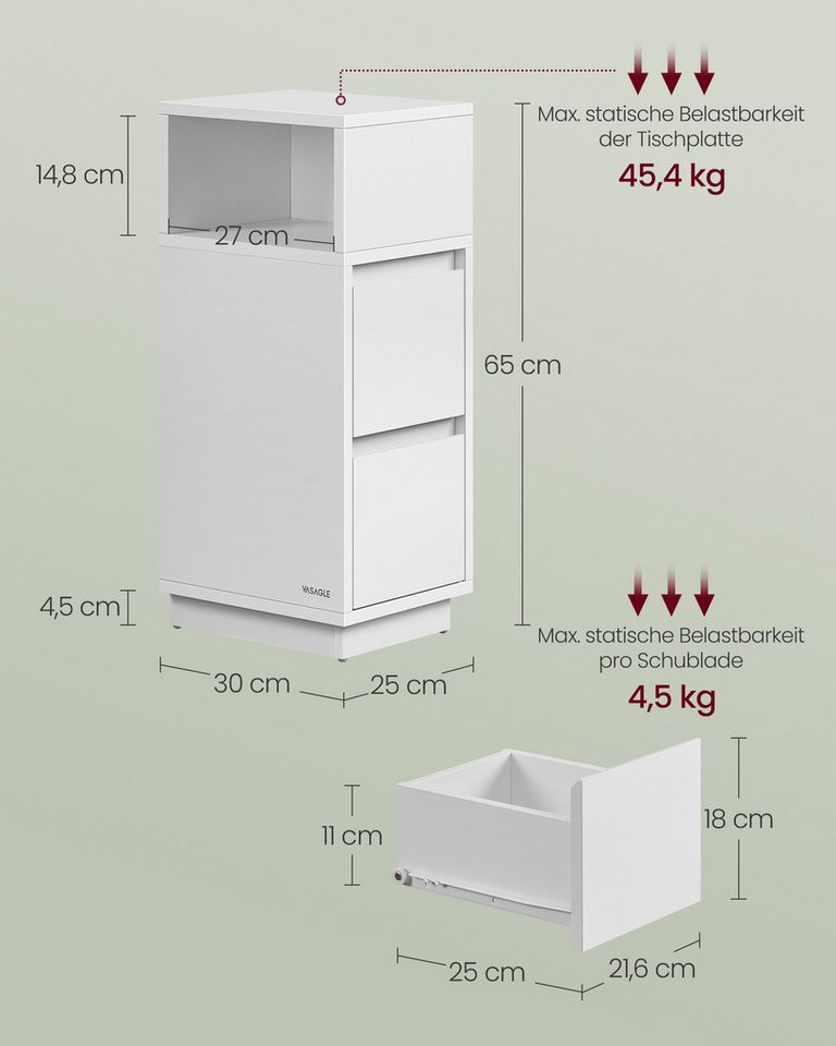 VASAGLE Nachttisch 1er Set/2er Set, schmal, Beistelltisch mit 2 Schubladen, offenes Fach (1-St), für Schlafzimmer, Wohnzimmer, schmal, offenes Fach – Bild 5 von 5