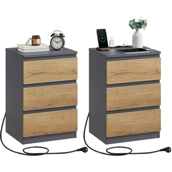 VASAGLE Nachttisch 3 Schubladen, abgeschrägte Kante, 2 AC-Steckdosen, 2 USB-Anschlüsse (2-St), Wohnzimmer, Schlafzimmer, modern, 2er Set