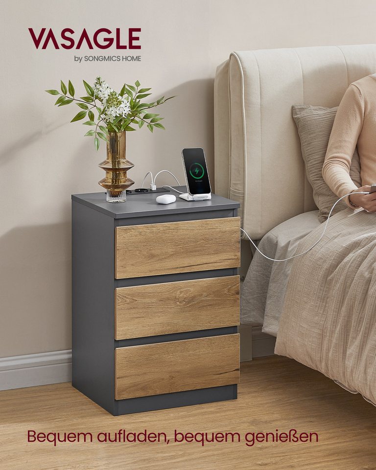 VASAGLE Nachttisch 3 Schubladen, abgeschrägte Kante, 2 AC-Steckdosen, 2 USB-Anschlüsse (2-St), Wohnzimmer, Schlafzimmer, modern, 2er Set – Bild 2 von 5