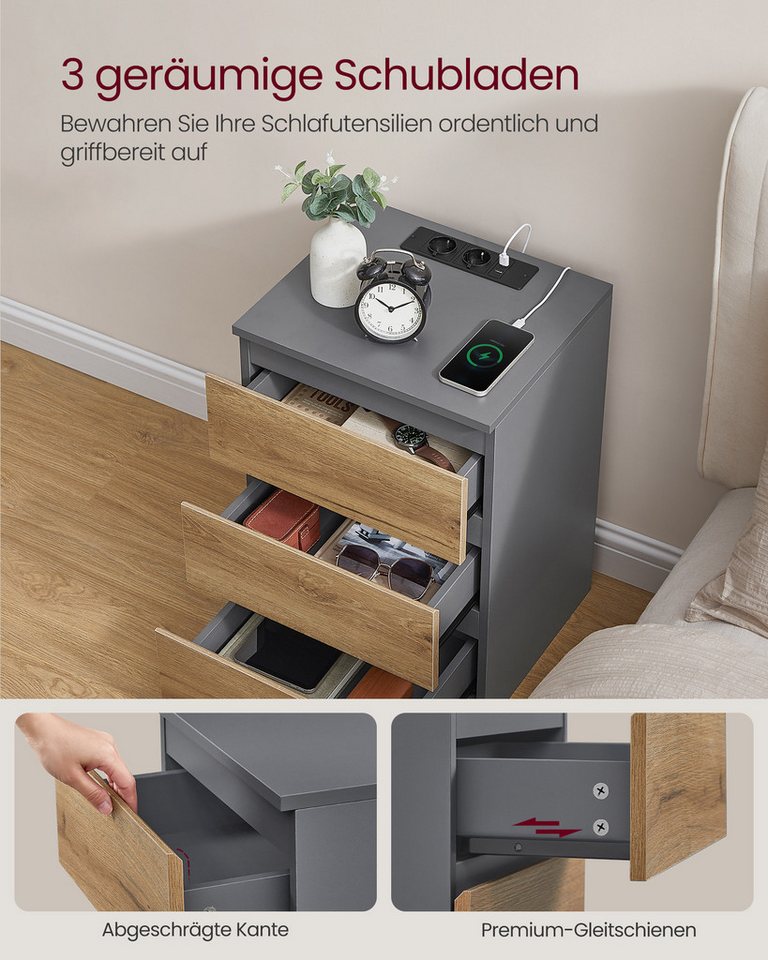 VASAGLE Nachttisch 3 Schubladen, abgeschrägte Kante, 2 AC-Steckdosen, 2 USB-Anschlüsse (2-St), Wohnzimmer, Schlafzimmer, modern, 2er Set – Bild 3 von 5