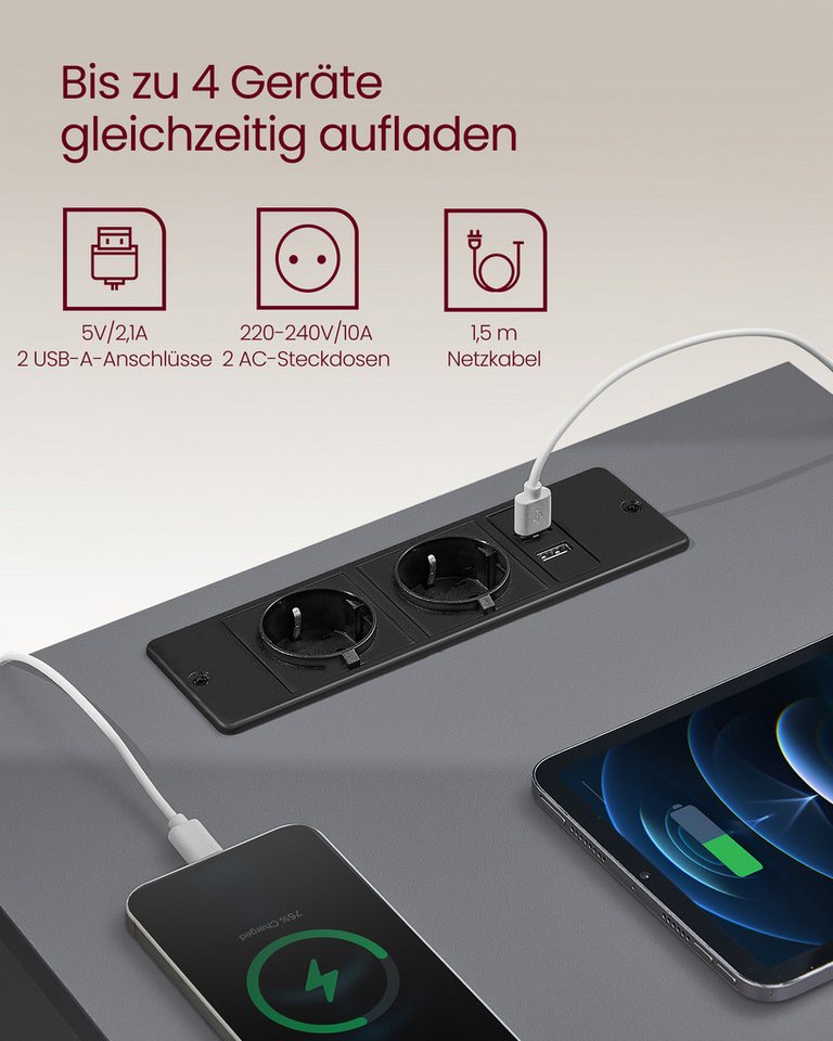 VASAGLE Nachttisch 3 Schubladen, abgeschrägte Kante, 2 AC-Steckdosen, 2 USB-Anschlüsse (2-St), Wohnzimmer, Schlafzimmer, modern, 2er Set – Bild 4 von 5