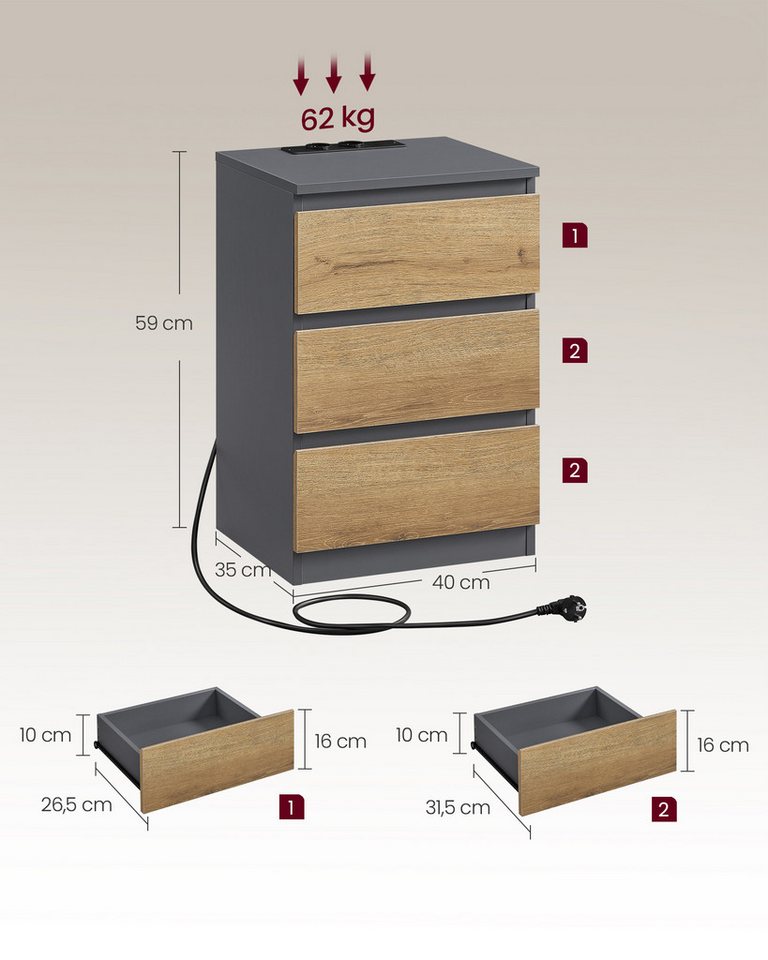 VASAGLE Nachttisch 3 Schubladen, abgeschrägte Kante, 2 AC-Steckdosen, 2 USB-Anschlüsse (2-St), Wohnzimmer, Schlafzimmer, modern, 2er Set – Bild 5 von 5
