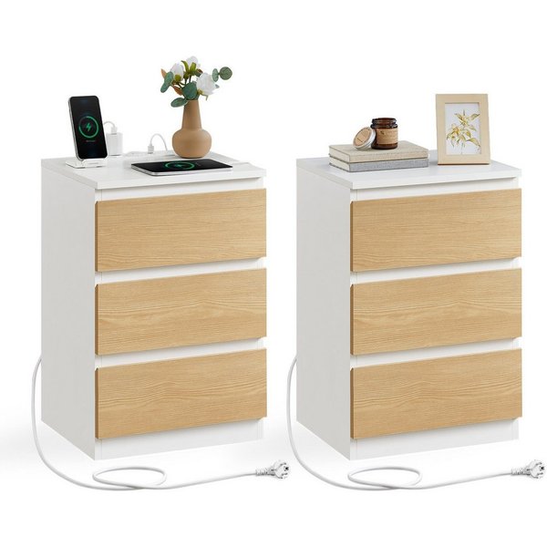VASAGLE Nachttisch 3 Schubladen, abgeschrägte Kante, 2 AC-Steckdosen, 2 USB-Anschlüsse (2-St), Wohnzimmer, Schlafzimmer, modern, 2er Set