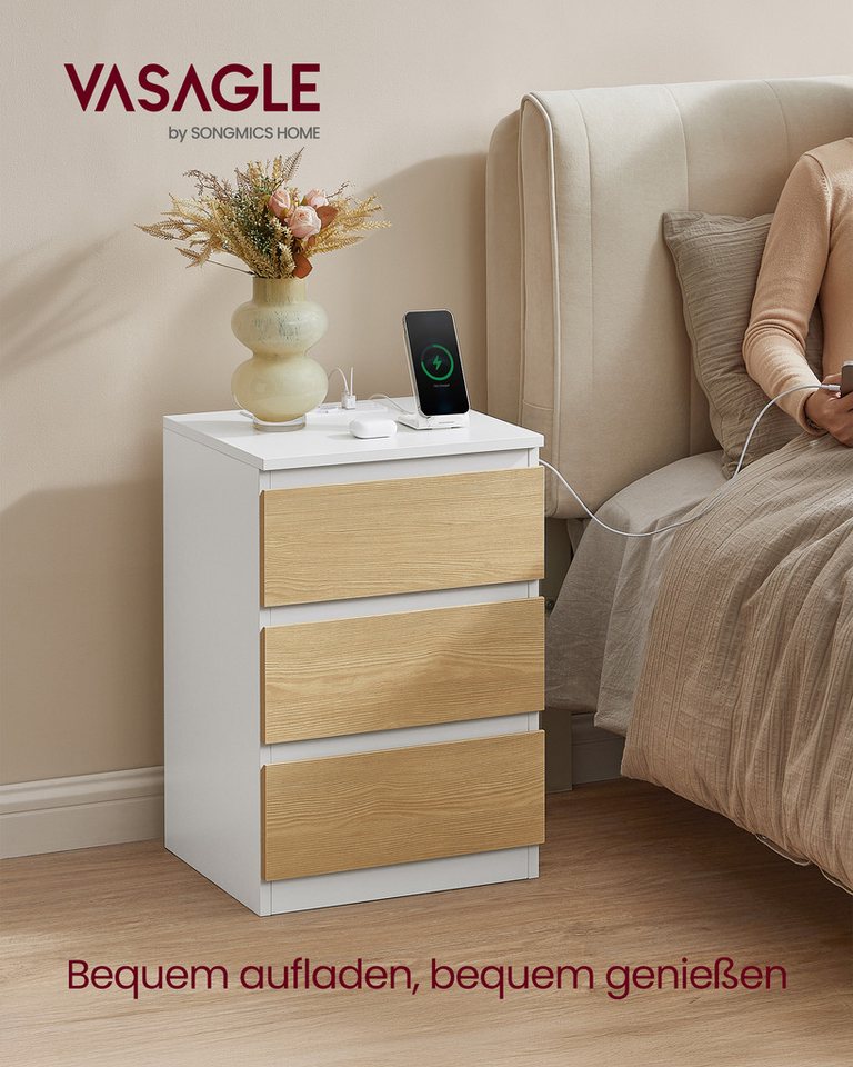 VASAGLE Nachttisch 3 Schubladen, abgeschrägte Kante, 2 AC-Steckdosen, 2 USB-Anschlüsse (2-St), Wohnzimmer, Schlafzimmer, modern, 2er Set – Bild 2 von 5