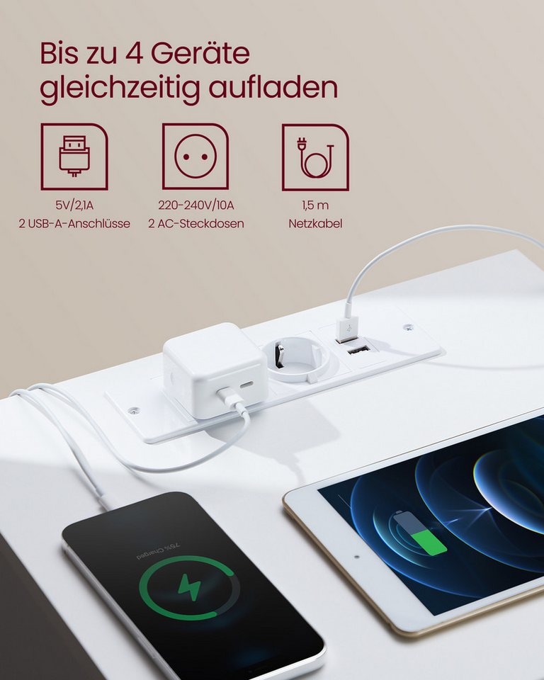 VASAGLE Nachttisch 3 Schubladen, abgeschrägte Kante, 2 AC-Steckdosen, 2 USB-Anschlüsse (2-St), Wohnzimmer, Schlafzimmer, modern, 2er Set – Bild 3 von 5