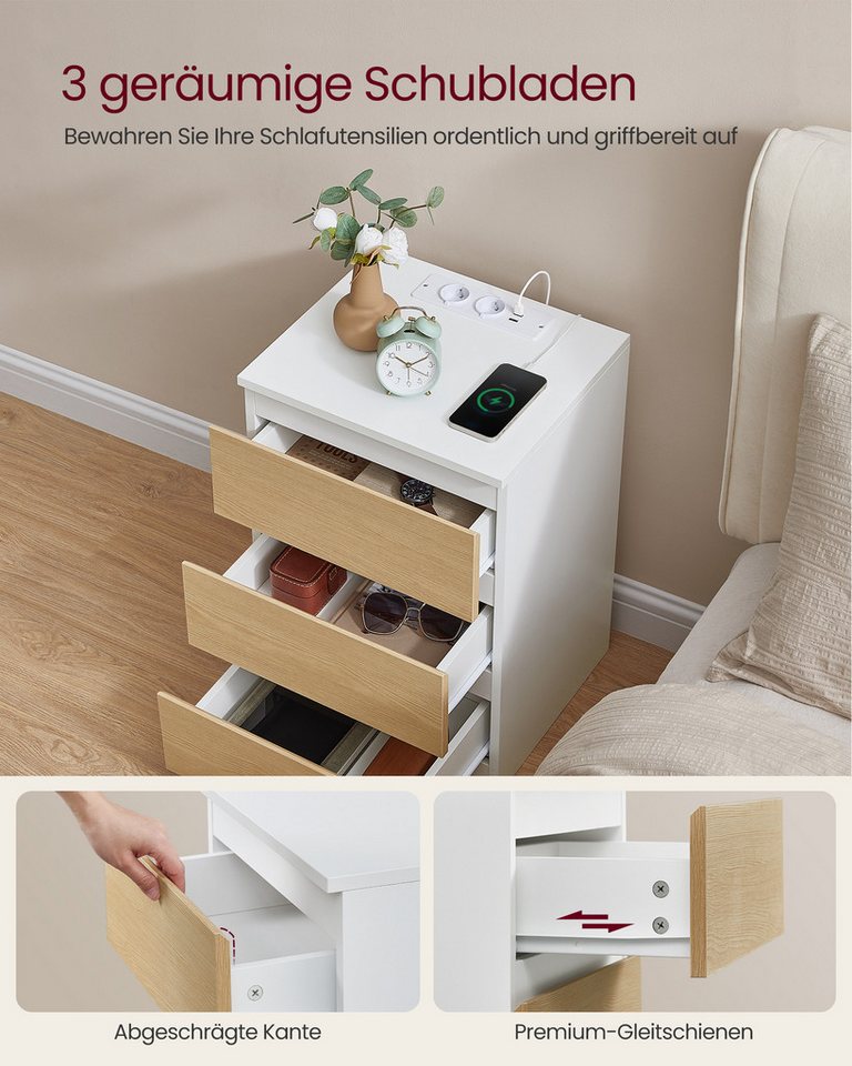 VASAGLE Nachttisch 3 Schubladen, abgeschrägte Kante, 2 AC-Steckdosen, 2 USB-Anschlüsse (2-St), Wohnzimmer, Schlafzimmer, modern, 2er Set – Bild 4 von 5