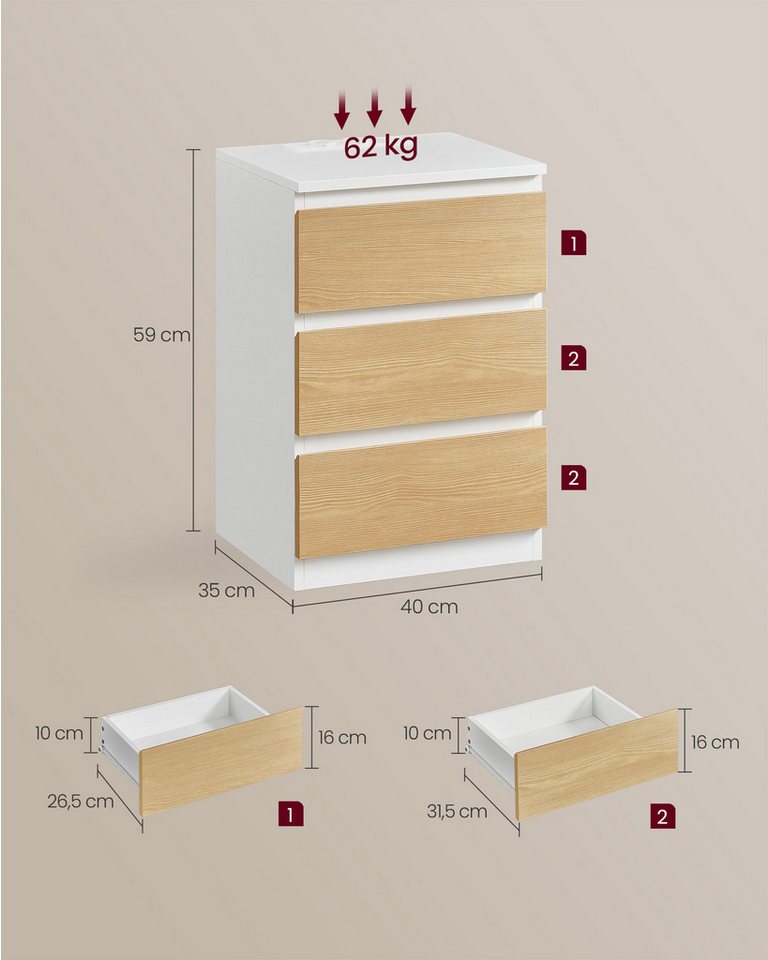 VASAGLE Nachttisch 3 Schubladen, abgeschrägte Kante, 2 AC-Steckdosen, 2 USB-Anschlüsse (2-St), Wohnzimmer, Schlafzimmer, modern, 2er Set – Bild 5 von 5