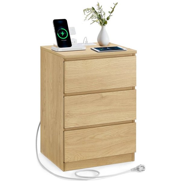 VASAGLE Nachttisch 3 Schubladen, abgeschrägte Kante, 2 AC-Steckdosen, 2 USB-Anschlüsse (1-St), Wohnzimmer, Schlafzimmer, modern, 1er Set