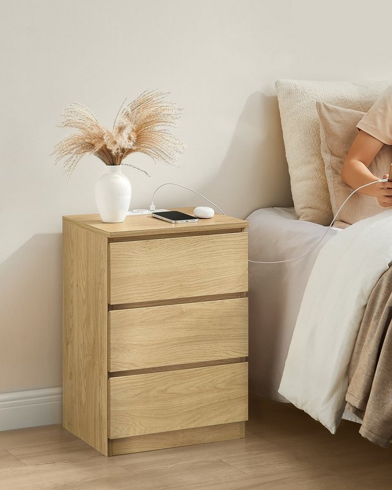 VASAGLE Nachttisch 3 Schubladen, abgeschrägte Kante, 2 AC-Steckdosen, 2 USB-Anschlüsse (1-St), Wohnzimmer, Schlafzimmer, modern, 1er Set – Bild 2 von 5