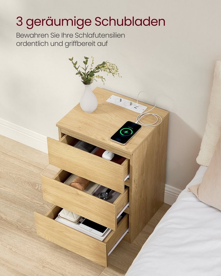 VASAGLE Nachttisch 3 Schubladen, abgeschrägte Kante, 2 AC-Steckdosen, 2 USB-Anschlüsse (1-St), Wohnzimmer, Schlafzimmer, modern, 1er Set – Bild 4 von 5