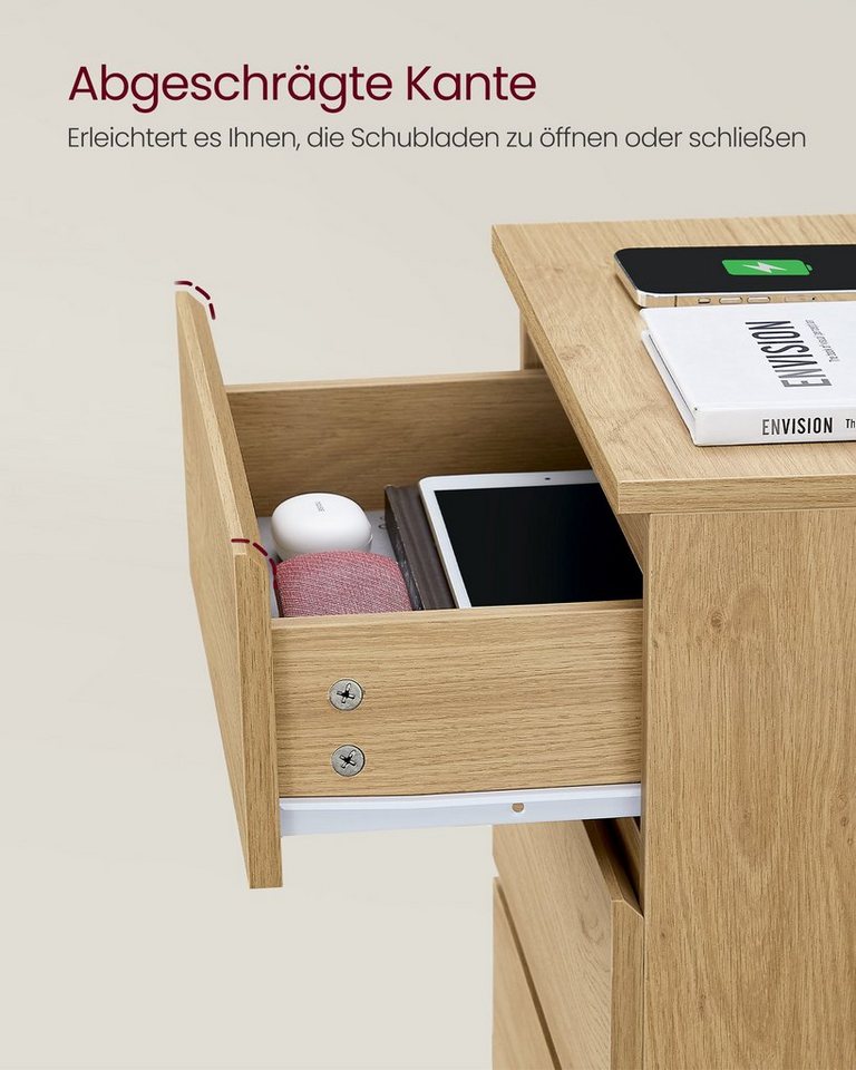 VASAGLE Nachttisch 3 Schubladen, abgeschrägte Kante, 2 AC-Steckdosen, 2 USB-Anschlüsse (1-St), Wohnzimmer, Schlafzimmer, modern, 1er Set – Bild 5 von 5