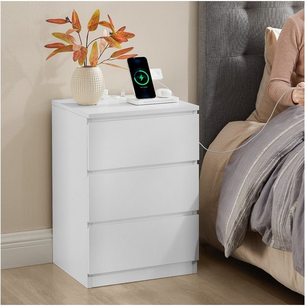 VASAGLE Nachttisch 3 Schubladen, abgeschrägte Kante, 2 AC-Steckdosen, 2 USB-Anschlüsse (1-St), Wohnzimmer, Schlafzimmer, modern, 1er Set