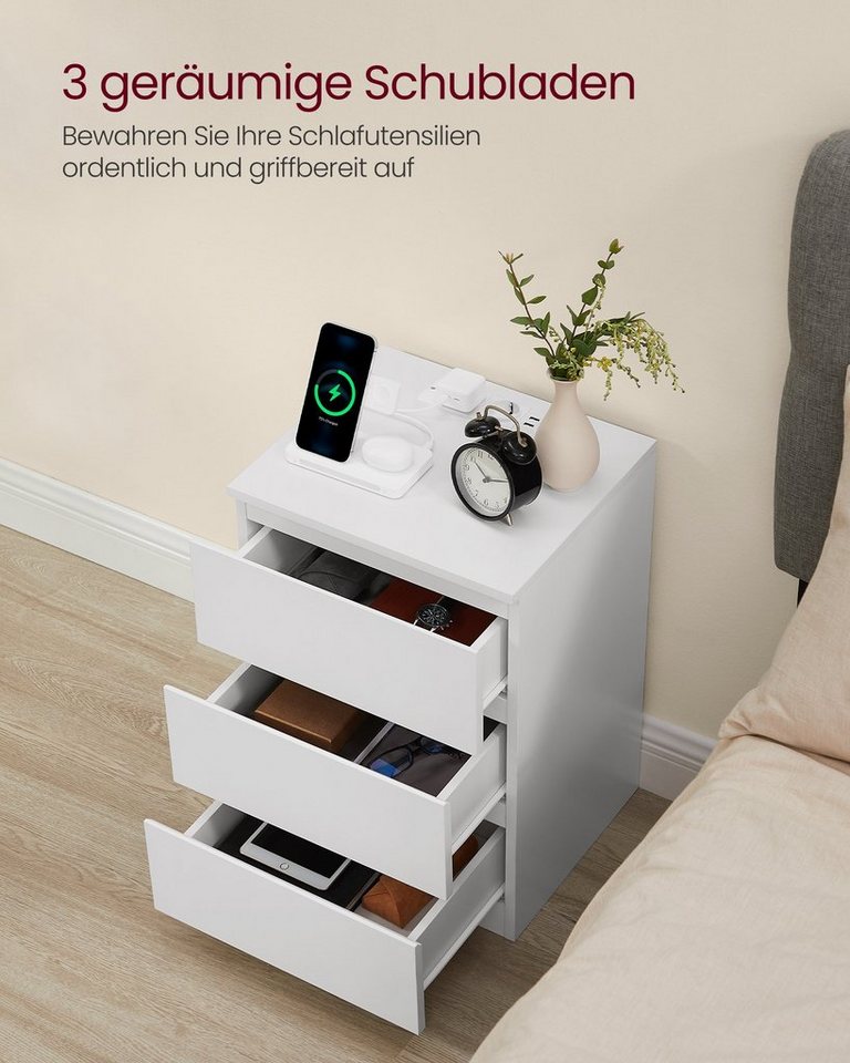 VASAGLE Nachttisch 3 Schubladen, abgeschrägte Kante, 2 AC-Steckdosen, 2 USB-Anschlüsse (1-St), Wohnzimmer, Schlafzimmer, modern, 1er Set – Bild 4 von 5
