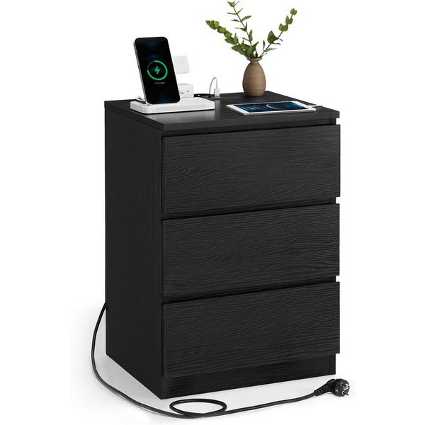 VASAGLE Nachttisch 3 Schubladen, abgeschrägte Kante, 2 AC-Steckdosen, 2 USB-Anschlüsse (1-St), Wohnzimmer, Schlafzimmer, modern, 1er Set