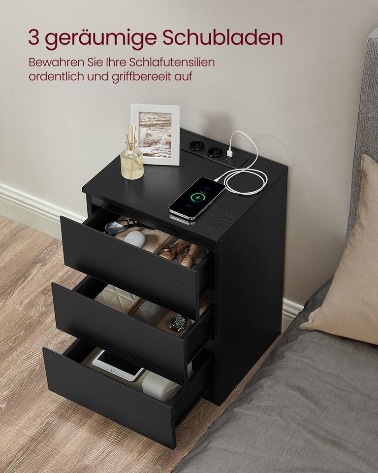 VASAGLE Nachttisch 3 Schubladen, abgeschrägte Kante, 2 AC-Steckdosen, 2 USB-Anschlüsse (1-St), Wohnzimmer, Schlafzimmer, modern, 1er Set – Bild 4 von 5