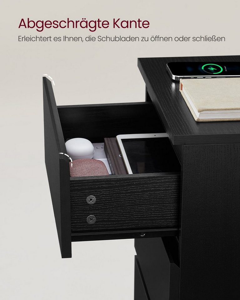 VASAGLE Nachttisch 3 Schubladen, abgeschrägte Kante, 2 AC-Steckdosen, 2 USB-Anschlüsse (1-St), Wohnzimmer, Schlafzimmer, modern, 1er Set – Bild 5 von 5