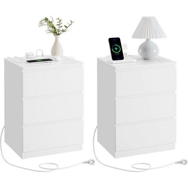 VASAGLE Nachttisch 3 Schubladen, abgeschrägte Kante, 2 AC-Steckdosen, 2 USB-Anschlüsse (2-St), Wohnzimmer, Schlafzimmer, modern, 2er Set
