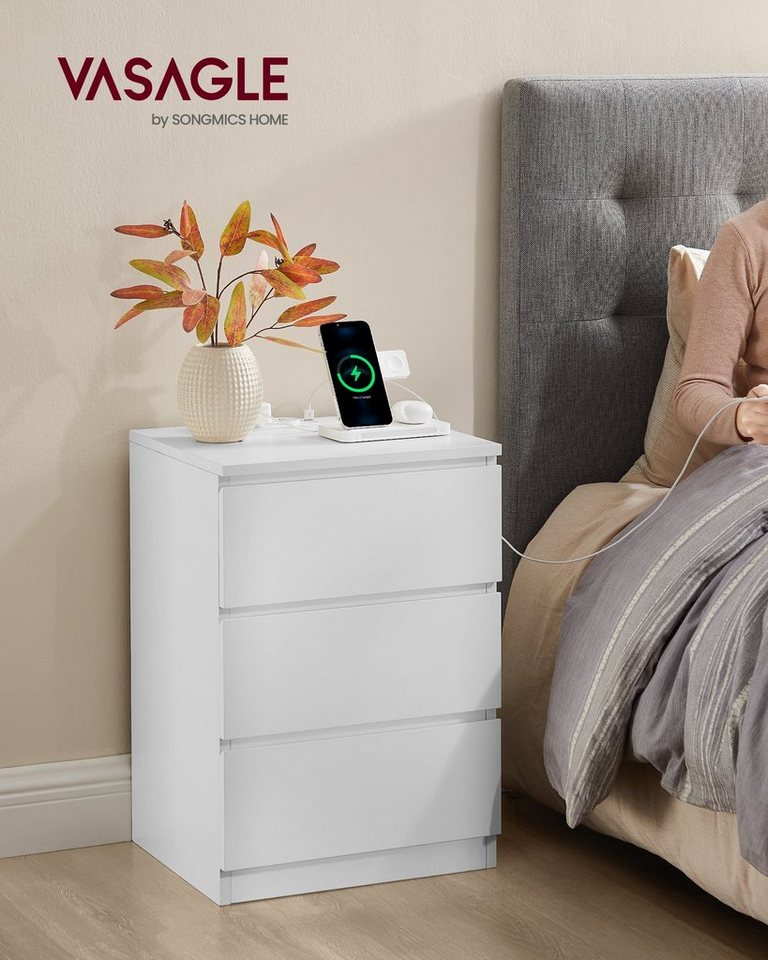 VASAGLE Nachttisch 3 Schubladen, abgeschrägte Kante, 2 AC-Steckdosen, 2 USB-Anschlüsse (2-St), Wohnzimmer, Schlafzimmer, modern, 2er Set – Bild 2 von 5