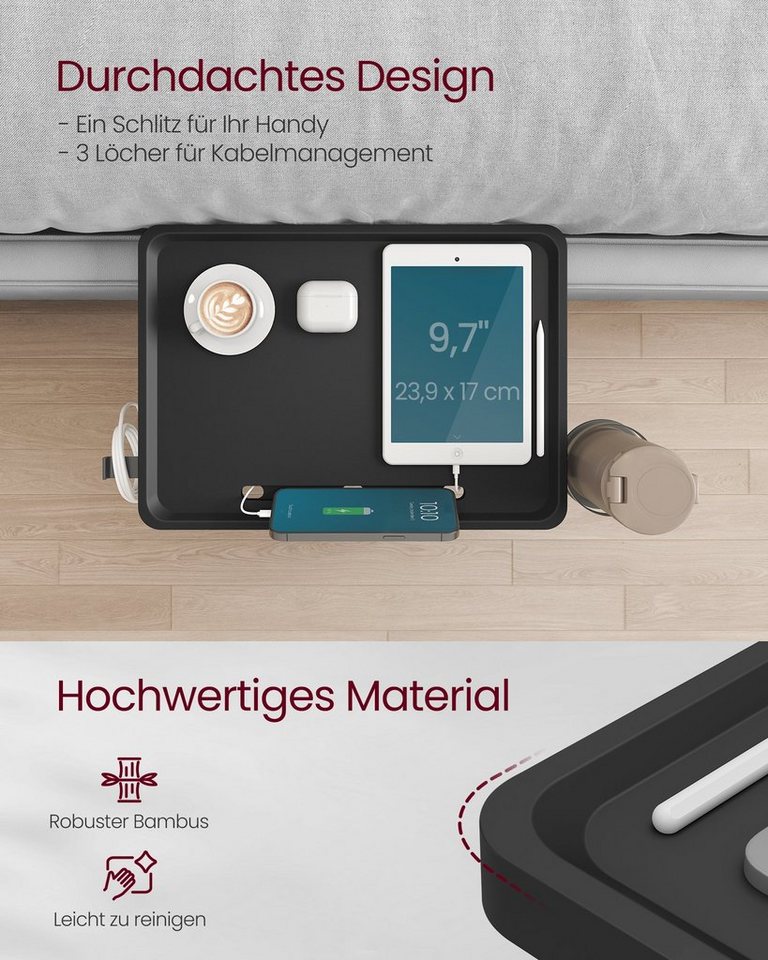 VASAGLE Nachttisch Bettablage, Nachttisch zum Einhängen, Regal für Hochbett, Schlitz für Handy, Getränkehalter Haken drehbar, verstellbare Klemmen – Bild 3 von 5