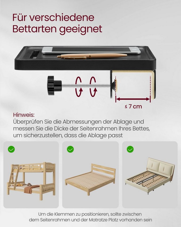 VASAGLE Nachttisch Bettablage, Nachttisch zum Einhängen, Regal für Hochbett, Schlitz für Handy, Getränkehalter Haken drehbar, verstellbare Klemmen – Bild 4 von 5