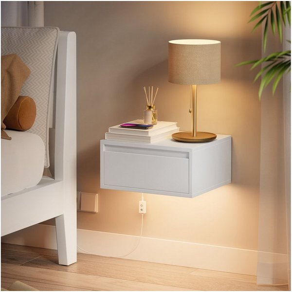 VASAGLE Nachttisch hängend, Leuchte mit 3 Farben, schwebendes Wandregal, Schublade (1-St), 1er-Set, 35 x 40 x 18 cm, für Wohnzimmer und Schlafzimmer