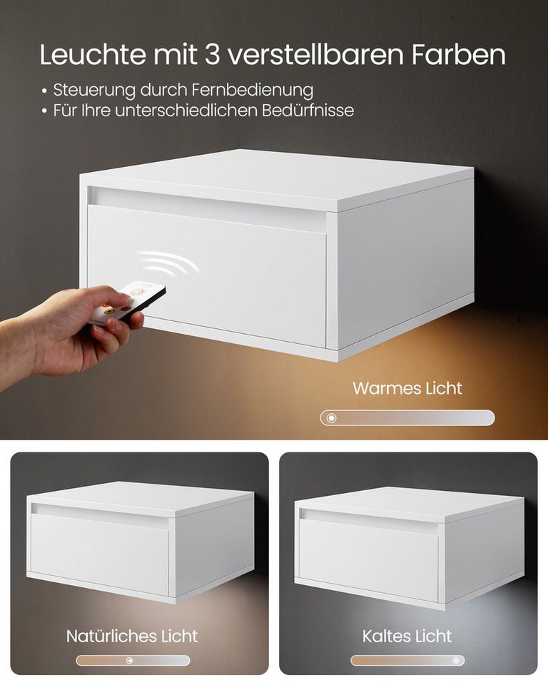 VASAGLE Nachttisch hängend, Leuchte mit 3 Farben, schwebendes Wandregal, Schublade (1-St), 1er-Set, 35 x 40 x 18 cm, für Wohnzimmer und Schlafzimmer – Bild 4 von 5